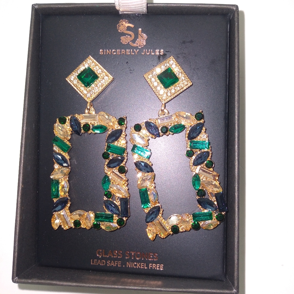Emerald Green/ Blue Glass Stone Dangle Earrings
